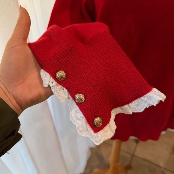 Red Lace Trim Sweater XL Cottagecore Preppy Gold Button - Picture 2 of 4